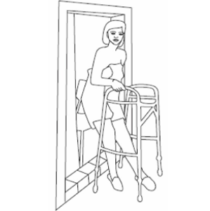 Woman exiting a shower using a walker.