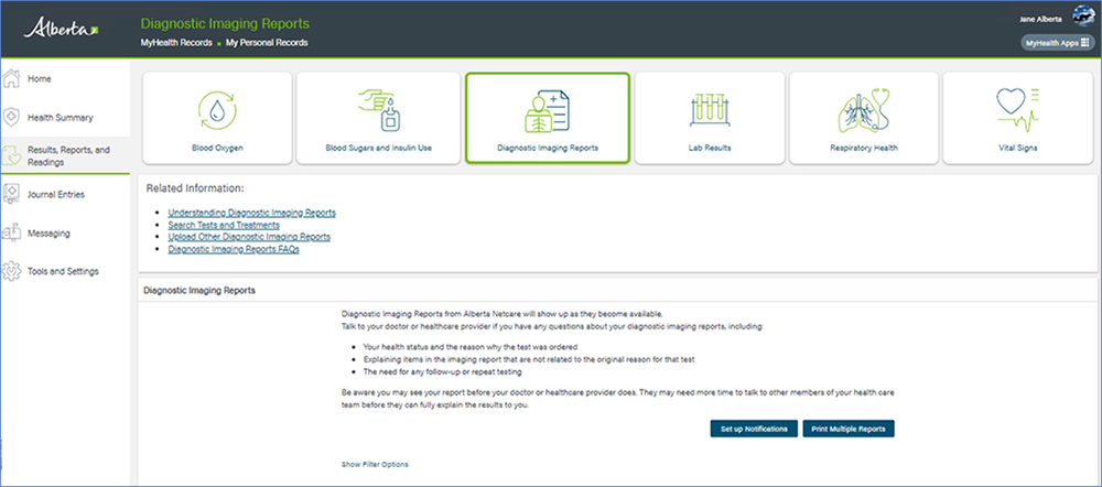 MyHealth Records Diagnostic Imaging Reports screen